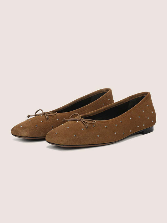 Brown Faux Suede Square-Toe Front Bow Studded Chic Ballet Flats