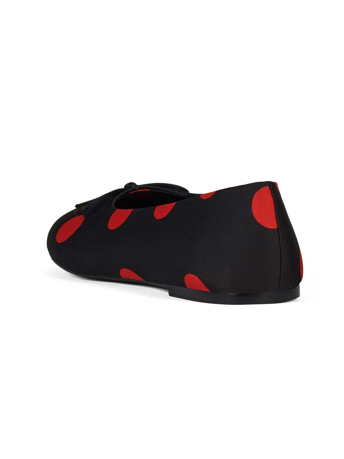 Black Satin With Red Spot Round-Toe Front Bow Slip-On Ballet Flats
