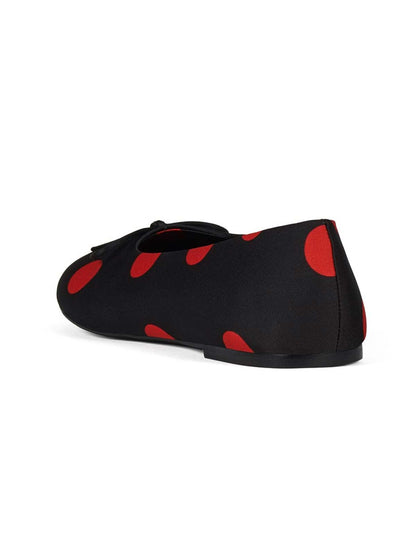 Black Satin With Red Spot Round-Toe Front Bow Slip-On Ballet Flats