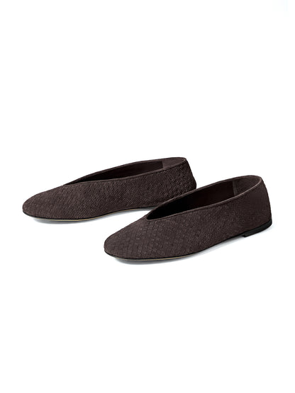 Brown Woven Faux Suede Round-Toe Classic Slip-On Ballet Flats