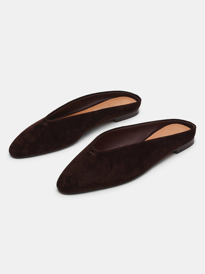 Brown Faux Suede Pointed-Toe Backless Simple Slip-On Flats