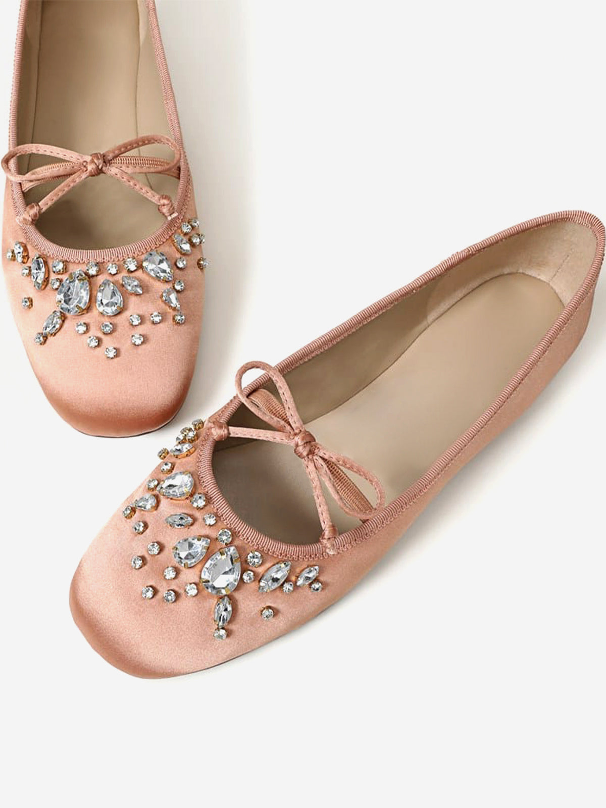 Blush Satin Square-Toe Front Crystals And Mary Jane Ballet Flats