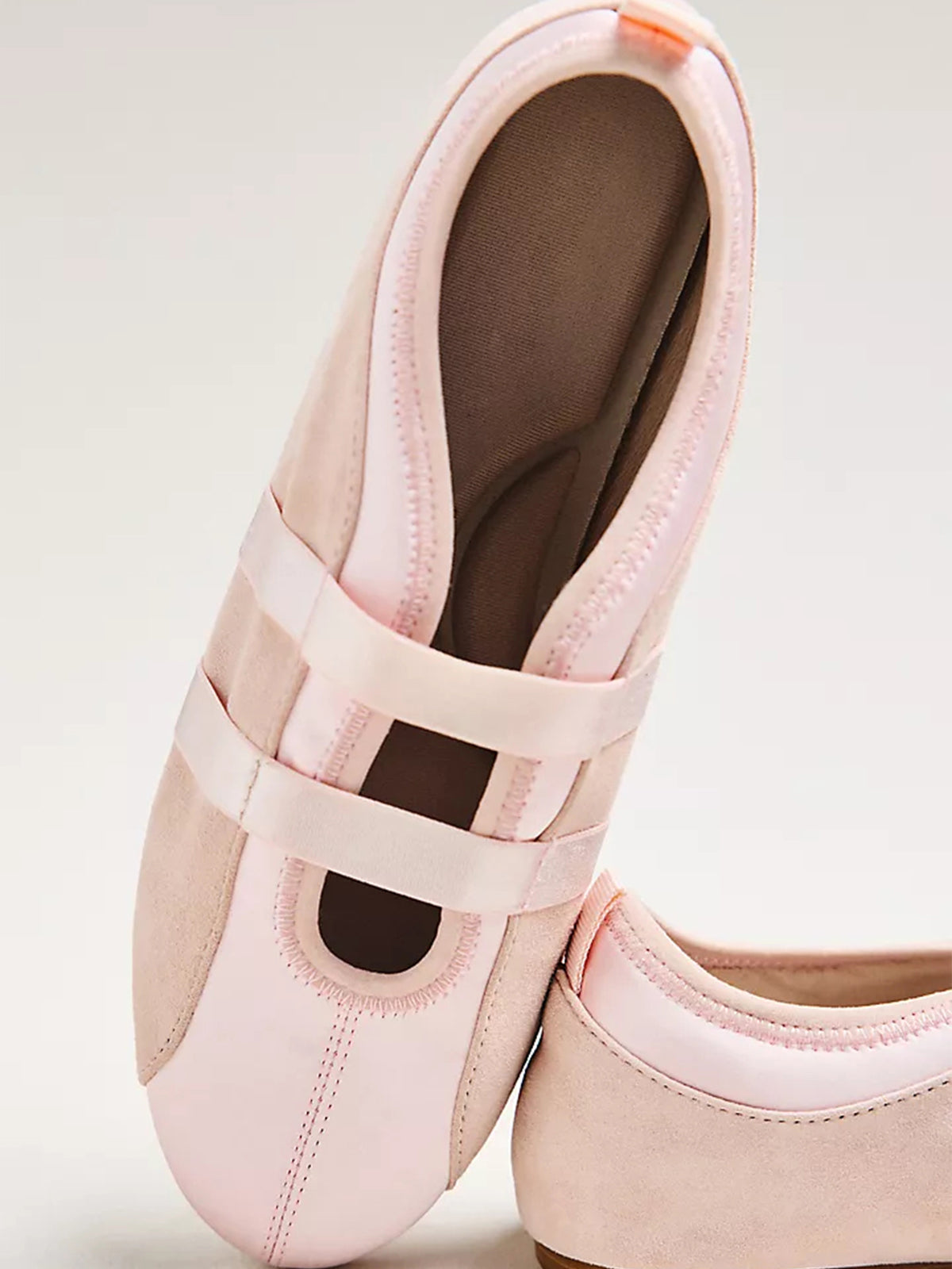 Pink Faux Suede And Satin Round-Toe Double Middle Strap Sporty Ballet Sneakers