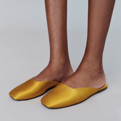Slip-On Square-Toe Backless Mules Flats - Honey Satin