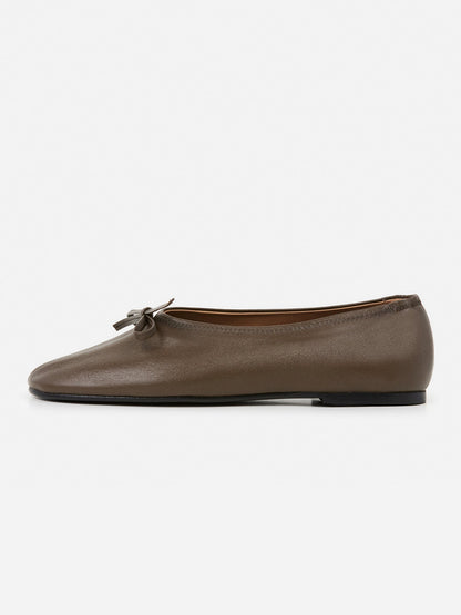 Khaki Classic Square-Toe Front Bow Simple Ballet Flats