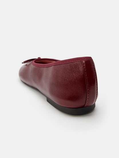 Burgundy Square-Toe Chic Front Bow Slip-On Classic Ballet Flats
