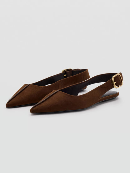 Chocolate Faux Suede Pointed-Toe Buckle Back Strap Chic Flats