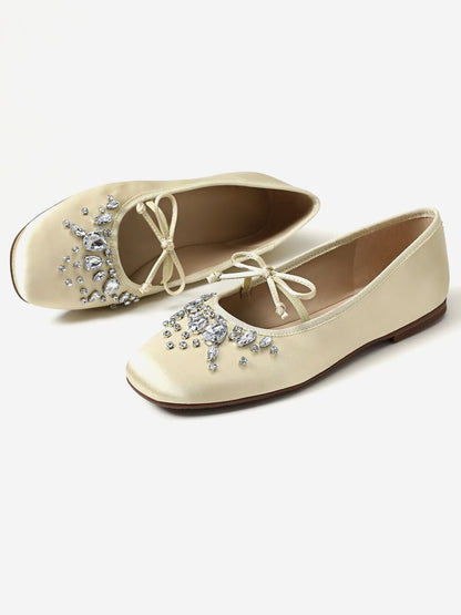 Beige Satin Square-Toe Front Crystals And Mary Jane Ballet Flats