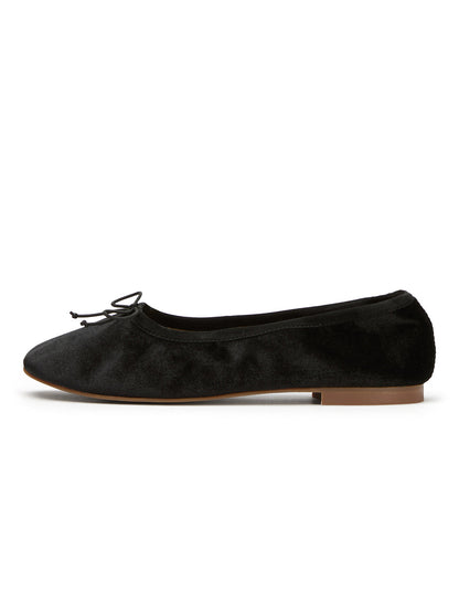 Black Velvet Round-Toe Chic Front Bow Slip-On Ballet Simple Flats