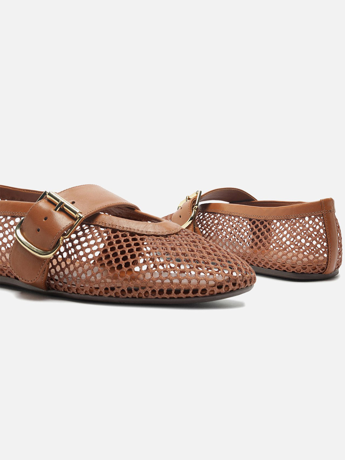 Brown Mesh Round-Toe Buckle Wide Strap Slip-On Ballet Flats