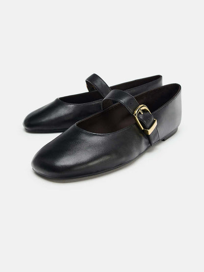 Black Round-Toe Buckle Middle Strap Slip-On Ballet Chic Flats