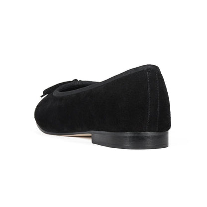 Wine Red Faux Suede And Patent Leather Round-Toe Front Bow Ballet Flats