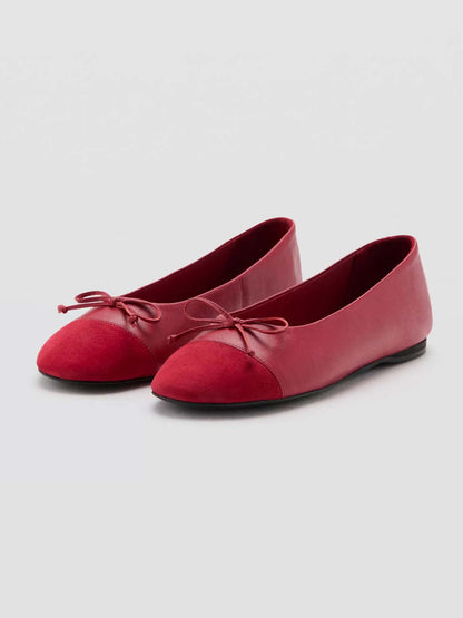 Red Vegan Leather And Faux Suede Round-Toe Front Bow Slip-On Ballet Flats
