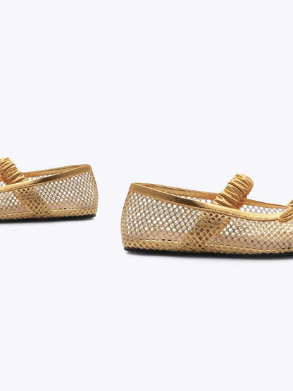 Metallic Gold Mesh Round-Toe Front Bow And Elastic Mary Jane Ballet Flats