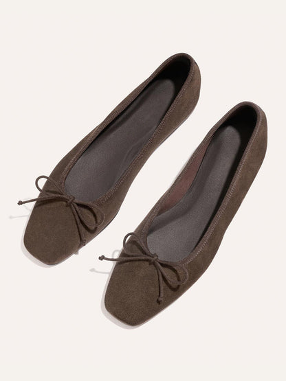 Front Bow Square-Toe Slip-On Chic Ballet Flats - Cognac Faux Suede