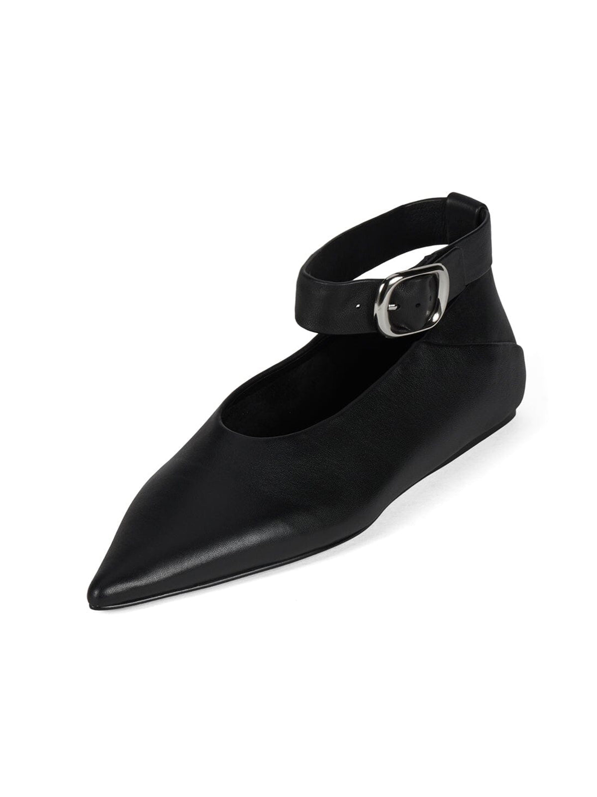 Black Pointed-Toe Wide Ankle Strap With Buckle Flats
