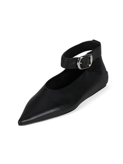 Black Pointed-Toe Wide Ankle Strap With Buckle Flats