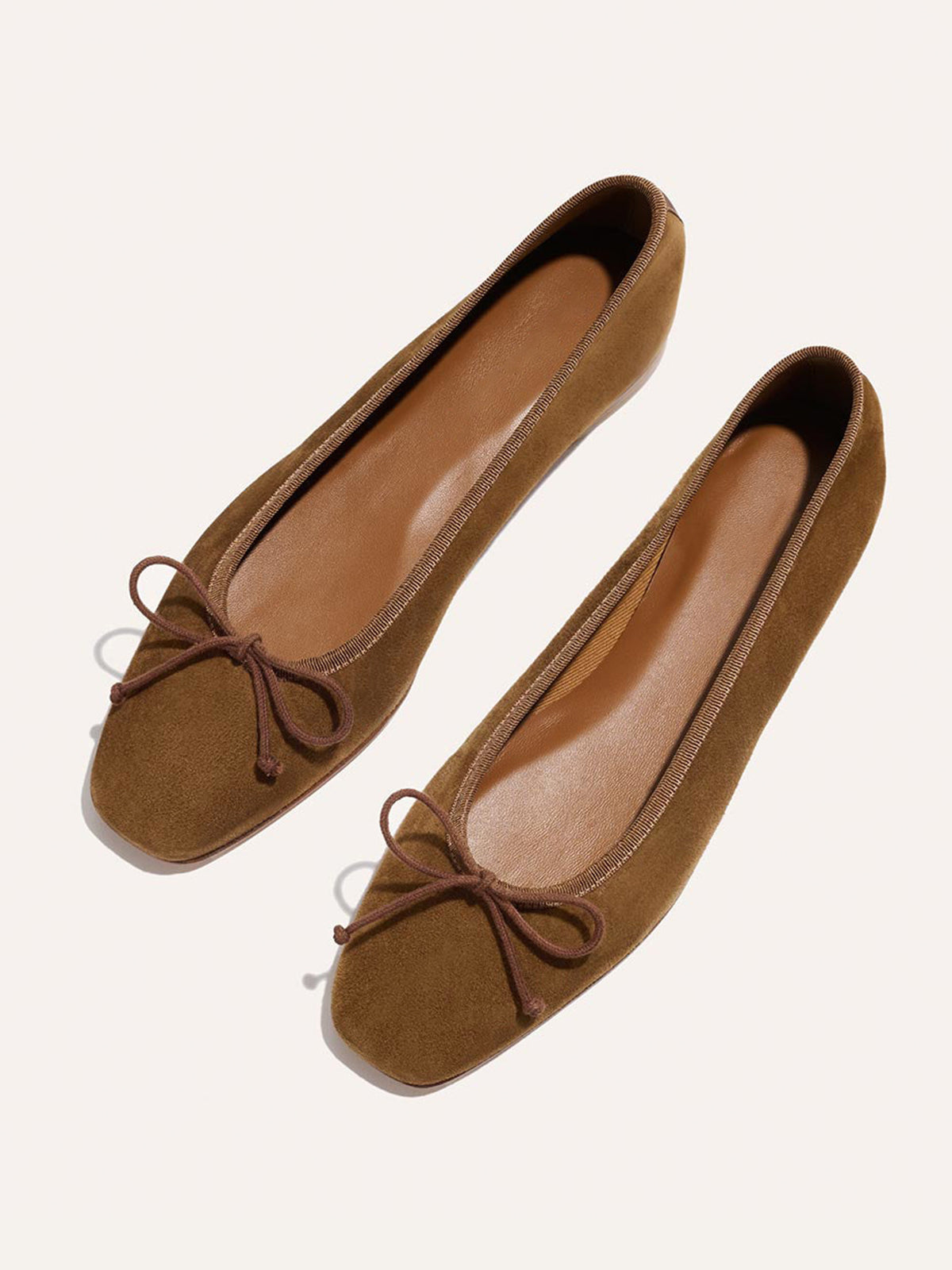 Front Bow Square-Toe Slip-On Chic Ballet Flats - Dark Tan Faux Suede