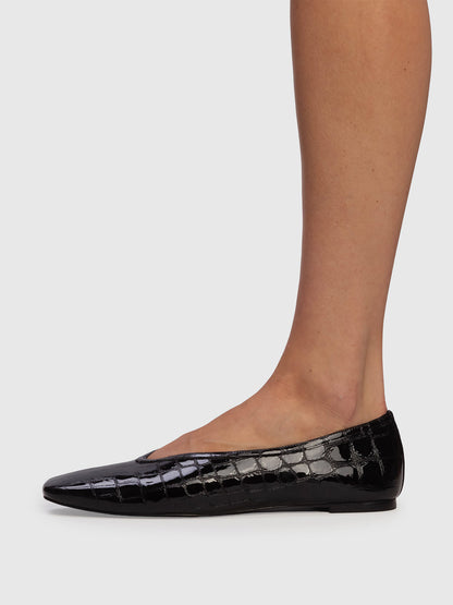 Black Stone Pattern Vegan Leather Square-Toe Sleek Chic Ballet Flats