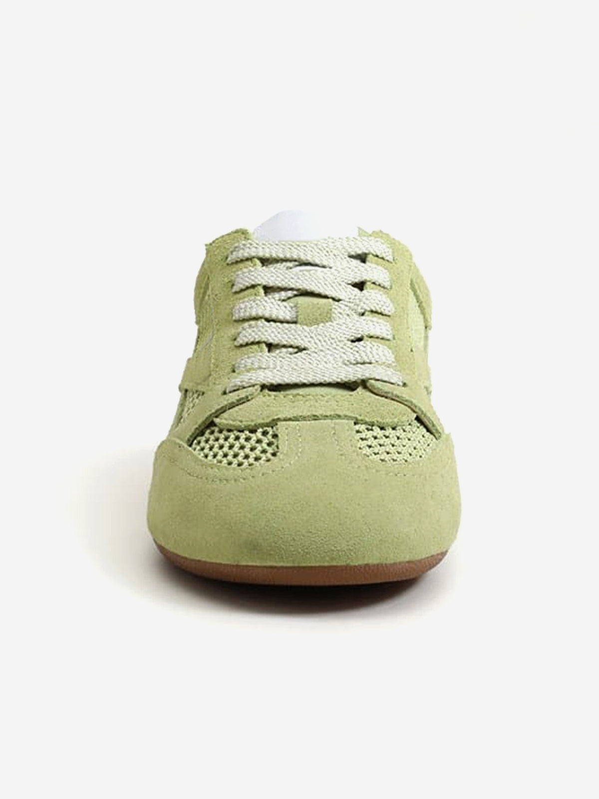 Green Cow Suede And Mesh Round-Toe Chic Lace-Up Flats Sneakers