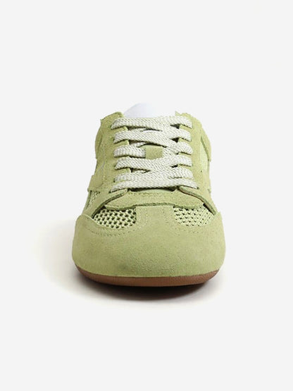 Green Cow Suede And Mesh Round-Toe Chic Lace-Up Flats Sneakers