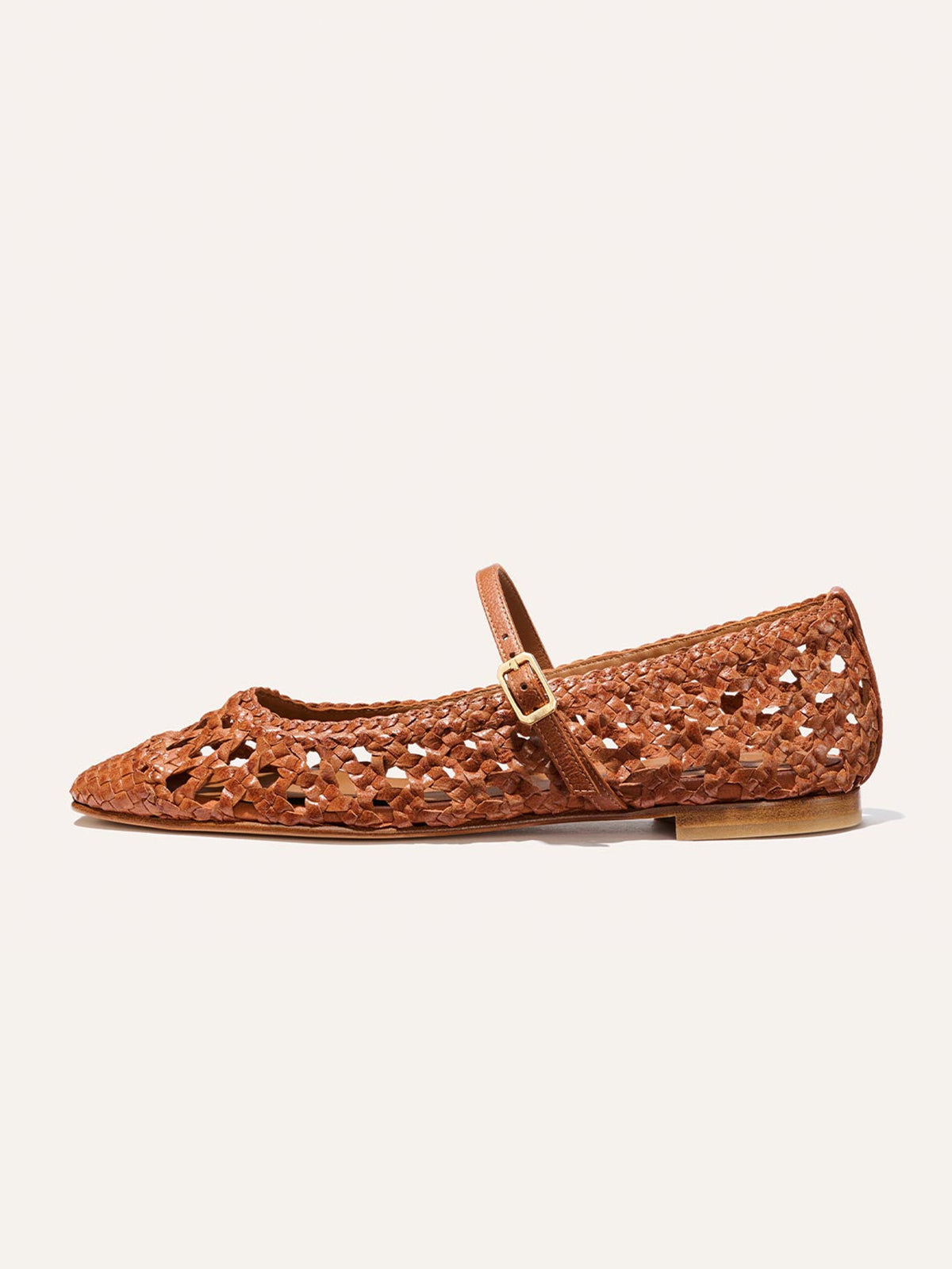 Tan Woven Vegan Leather Square-Toe Mary Jane Chic Ballet Flats