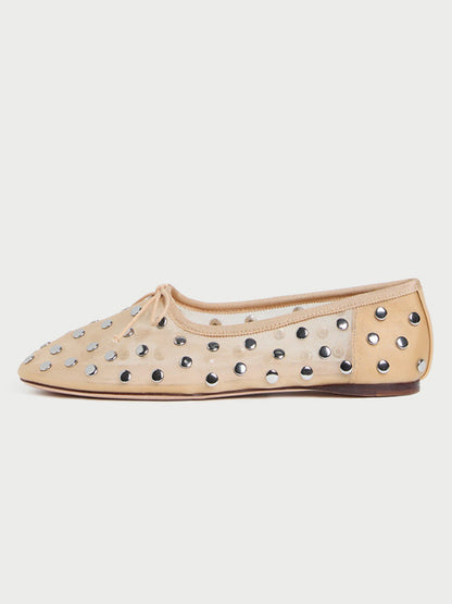 Sand Mesh Round-Toe Chic Front Bow Slip-On Studs Ballet Flats