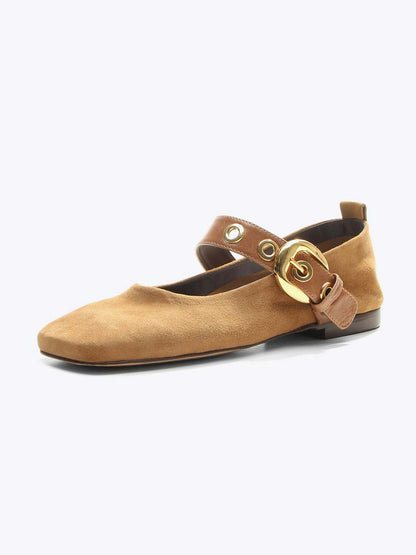 Tan Faux Suede Square-Toe Buckle Wide Mary Jane Strap Ballet Flats