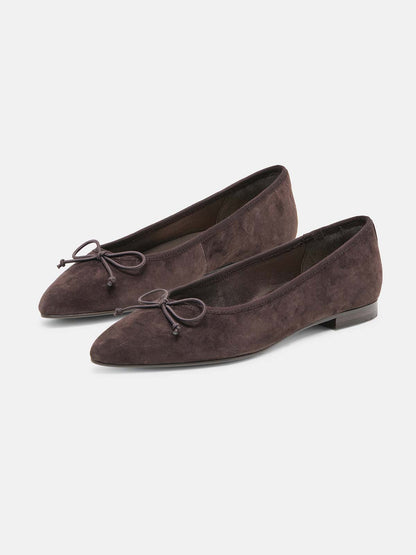 Coffee Faux Suede Pointed-Toe Front Bow Slip-On Chic Flats