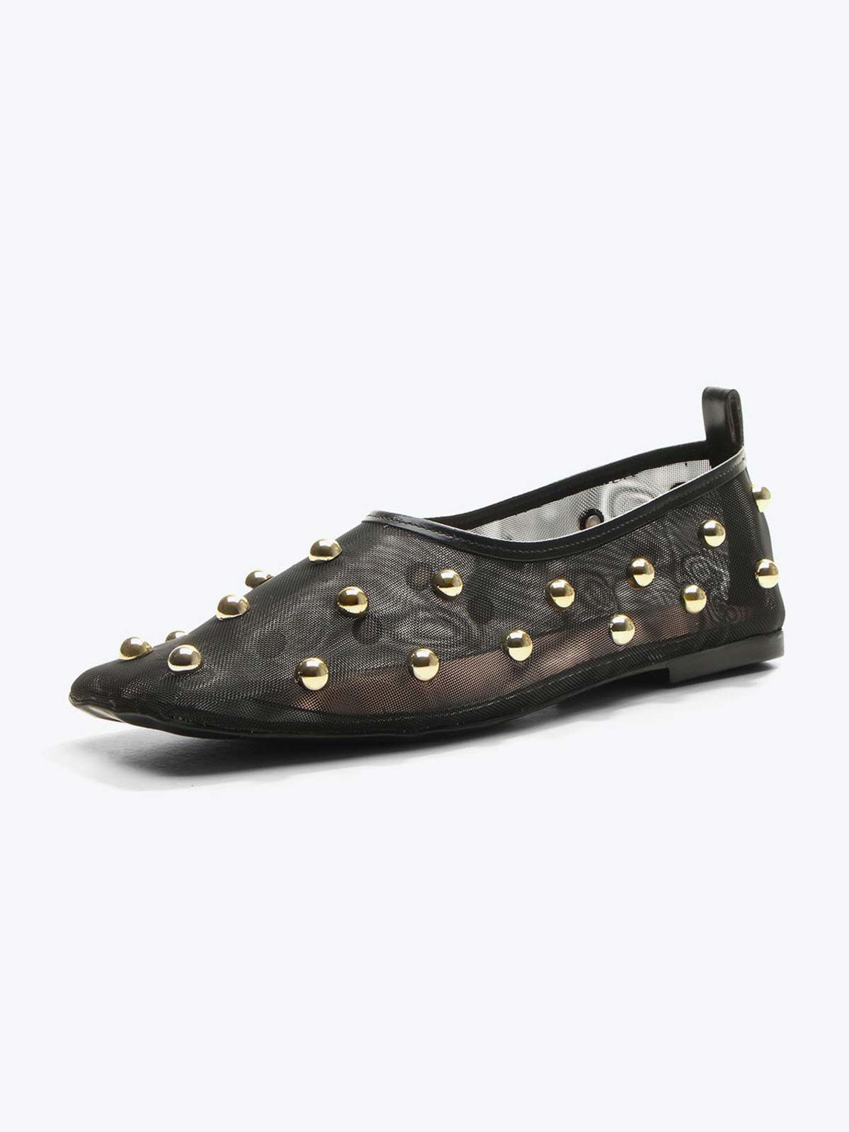 Black Mesh Square-Toe Full Gold Studs Slip-On Ballet Flats
