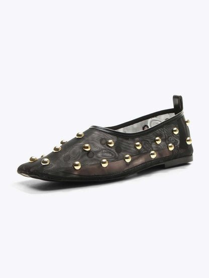 Black Mesh Square-Toe Full Gold Studs Slip-On Ballet Flats