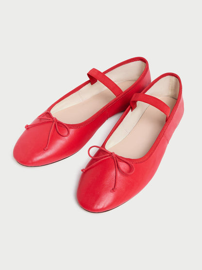 Red Vegan Leather Round-Toe Mary Jane Front Bow Ballet Flats