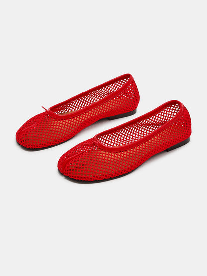 Red Mesh Split-Toe Slip-On Ballet Flats