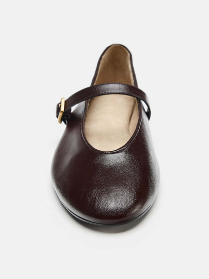 Chocolate Round-Toe Buckle Middle Strap Slip-On Ballet Chic Flats