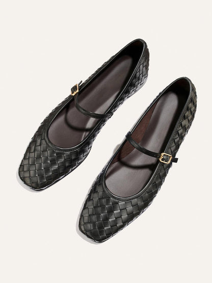 Black Woven Vegan Leather Square-Toe Mary Jane Chic Ballet Flats