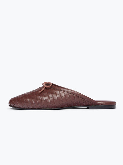 Woven Vegan Leather Square-Toe Front Bow Slip-On Backless Flats - Coffee