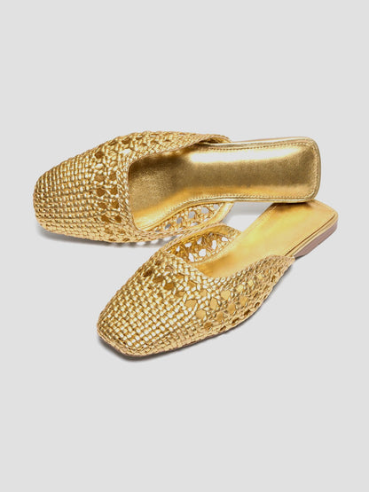 Woven Vegan Leather Square-Toe Cutout Backless Flats - Metallic Gold