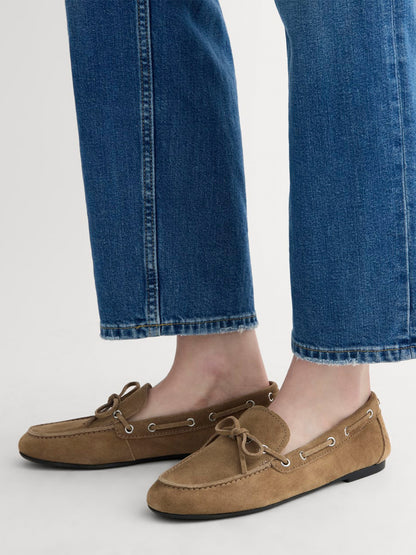 Brown Faux Suede Round-Toe Front Bow And Lace Edge With Eyelets Flats