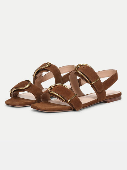 Brown Faux Suede Square-Toe Double Buckle Straps Sandal Flats