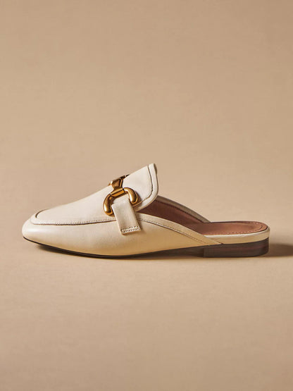 Ivory Vegan Leather Square-Toe Slip-On Backless Loafers Flats