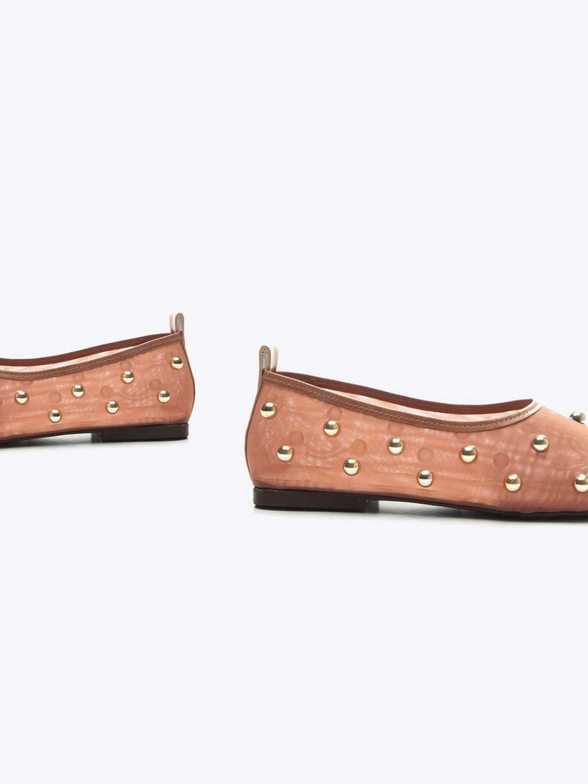 Beige Mesh Square-Toe Full Gold Studs Slip-On Ballet Flats