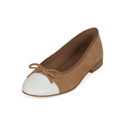 Tan Faux Suede And Patent White Round-Toe Front Bow Ballet Flats