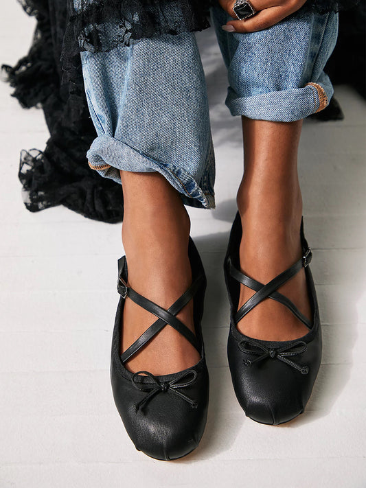 Black Round-Toe Front Bow Crossed Straps Ballet Flats