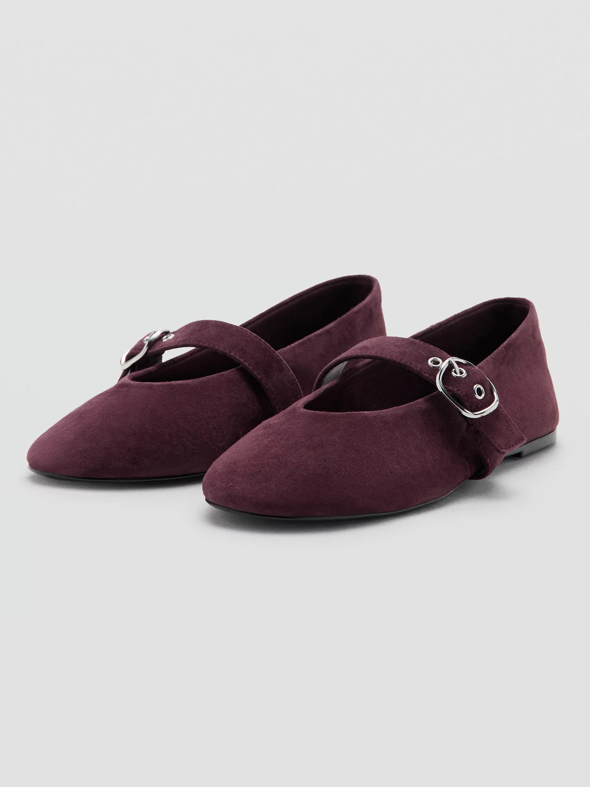 Burgundy Faux Suede Round-Toe Buckle Mary Jane Ballet Flats
