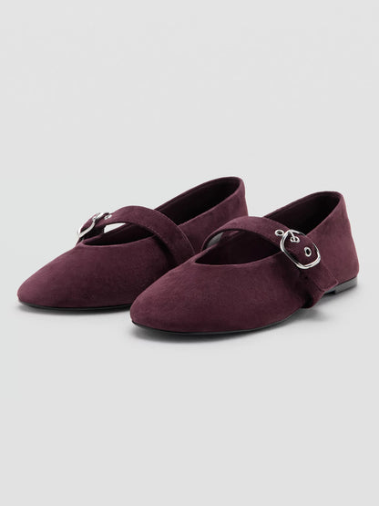 Burgundy Faux Suede Round-Toe Buckle Mary Jane Ballet Flats