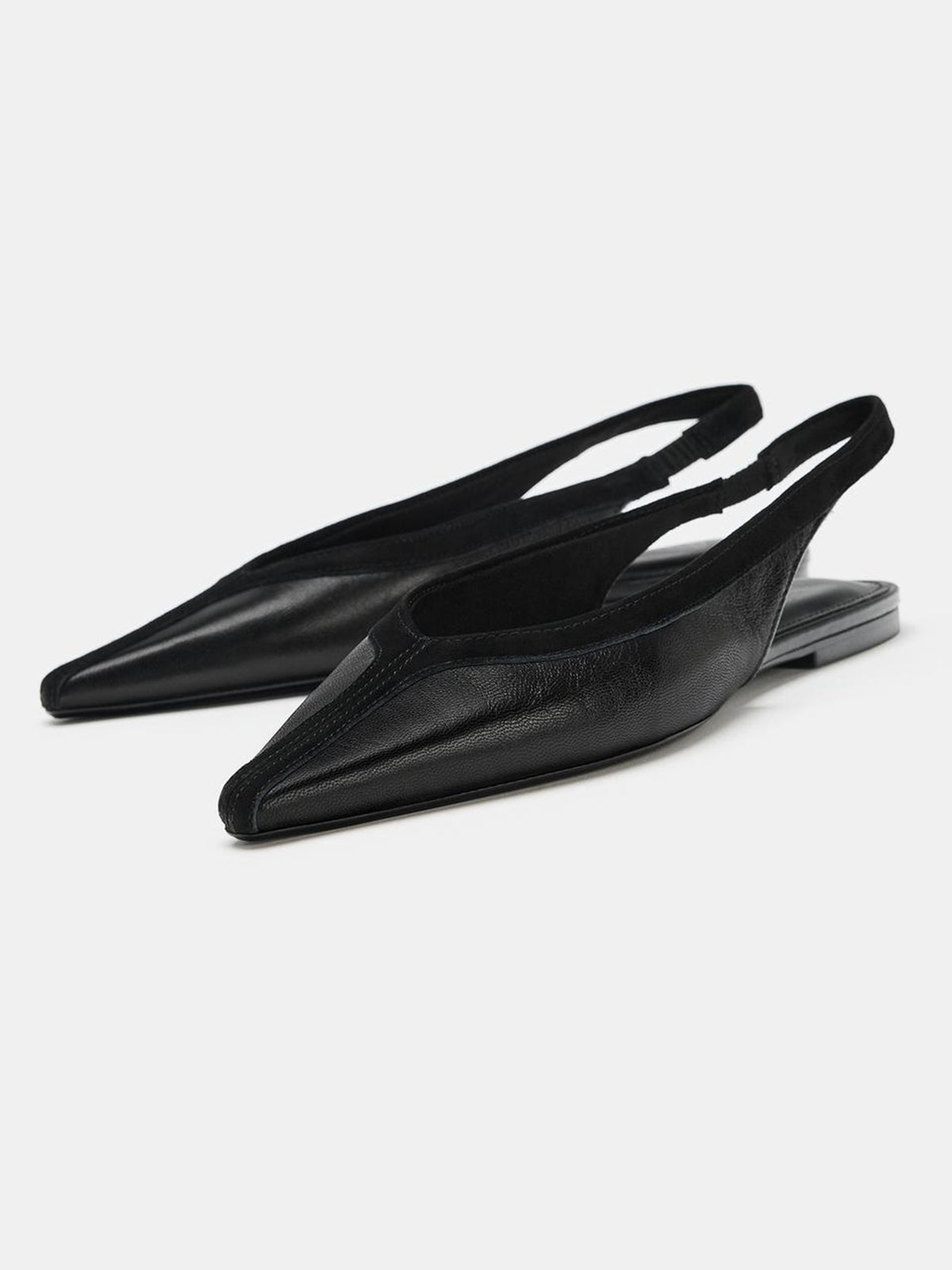 Black Vegan Leather And Faux Suede Pointed-Toe Chic Slingback Flats