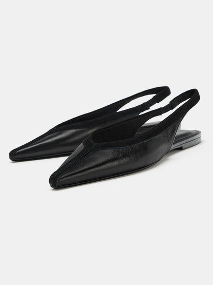 Black Vegan Leather And Faux Suede Pointed-Toe Chic Slingback Flats