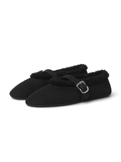 Black Faux Suede And Plush Round-Toe Mary Jane Slip-On Flats