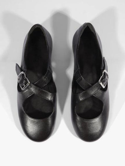 Black Square-Toe Chic Crossed Strap With Buckle Slip-On Flats