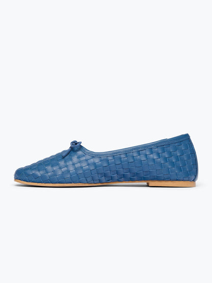 Woven Vegan Leather Square-Toe Front Bow Slip-On Ballet Flats - Indigo